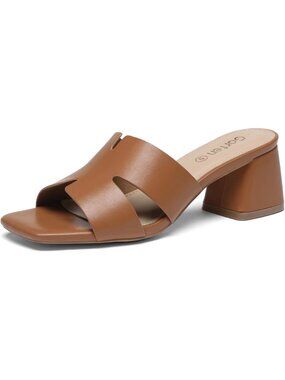 Women's Brown Square Open Toe Sandals Low Block Chunky Heel Slip on Casual Shoes